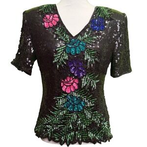 Vintage Stenay Large 100% Silk Beaded Sequin Floral Evening Top Black India